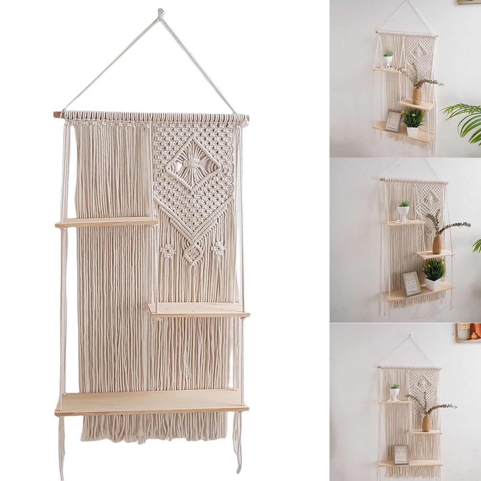 Étagère macramé 3 niveaux pour habiller un mur vide avec des plantes