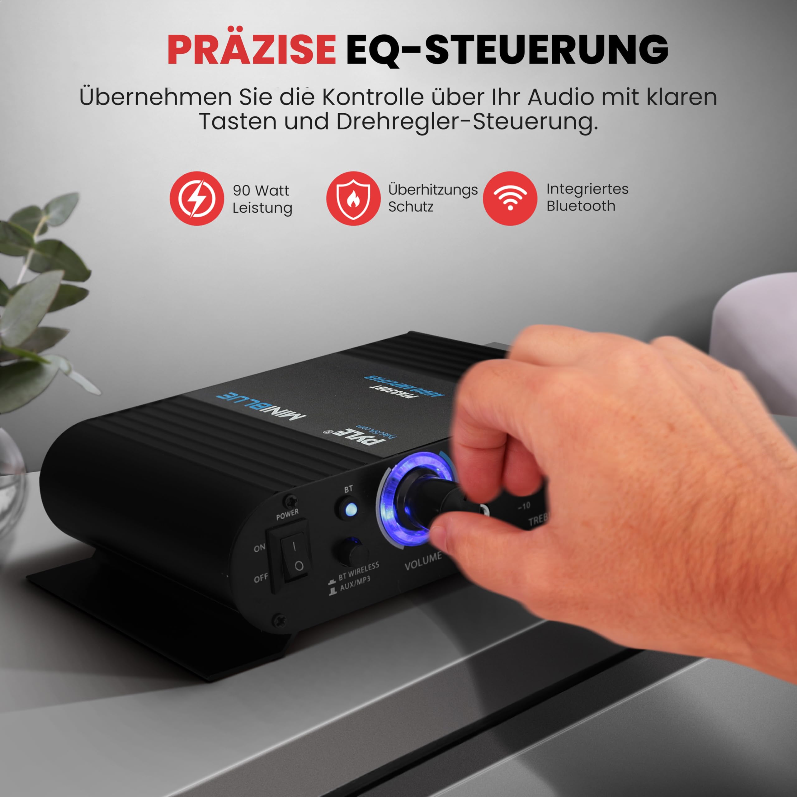 Pyle Mini Bluetooth Stereo Verstärker, 90W Audio Receiver mit 3 Eingänge, 2 Kanal, EQ Controls für das Heimkino
