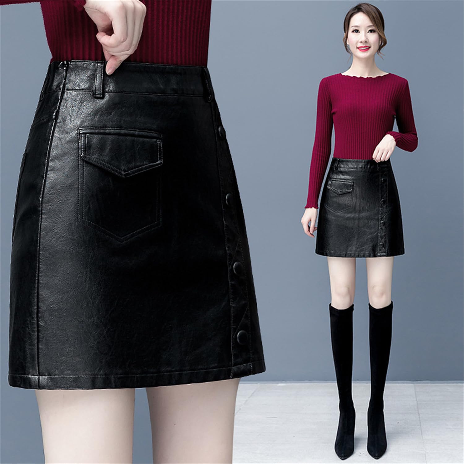 Jupe Simili Cuir Mini A-Line Jupe Cuir Fermeture Éclair Femmes Jupe évasée Plissée Solide Jupes Patineuses Courtes Grande Taille Short Décontracté pour Femme Rétro Bouton