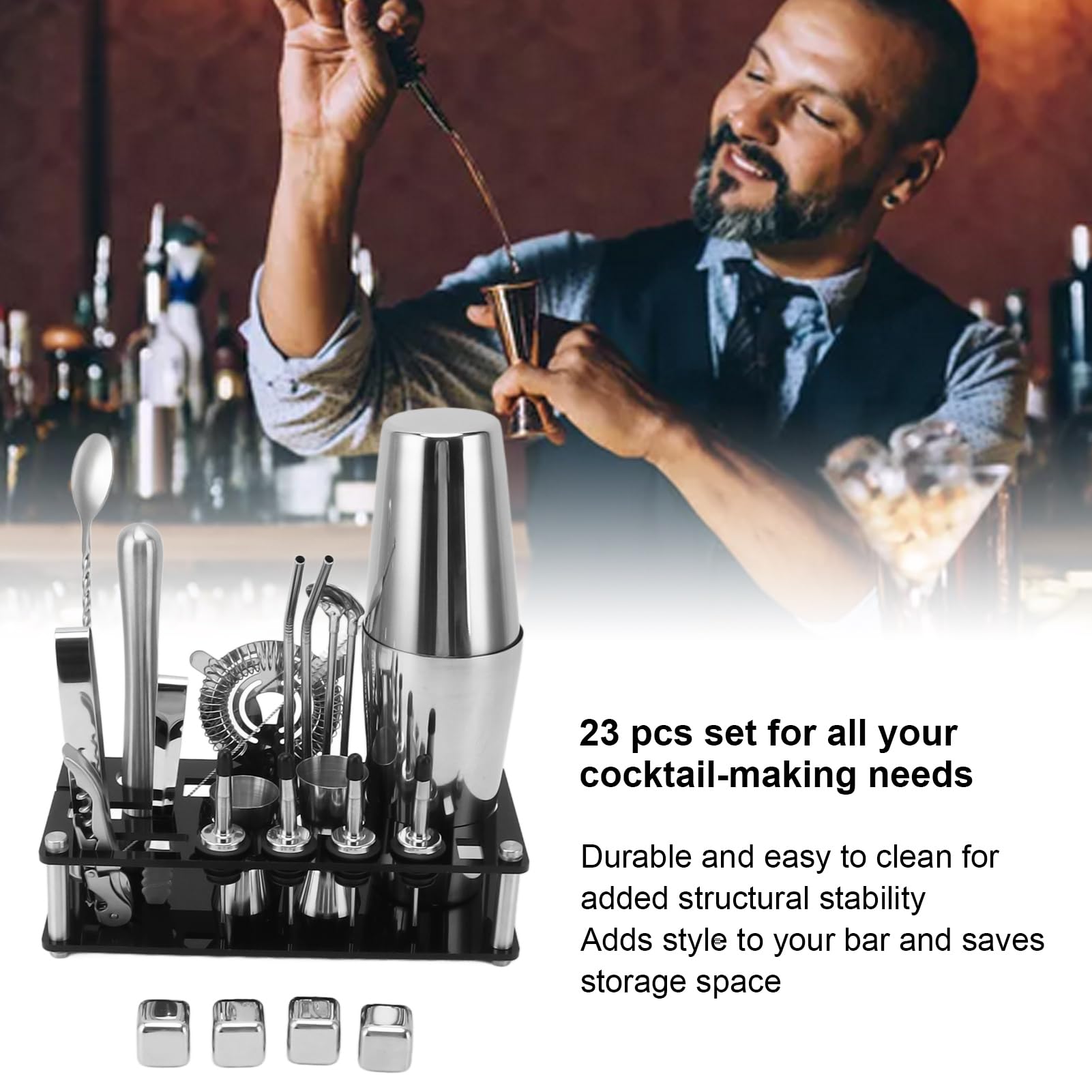 FLEXMAN Juego de Coctelera de 23 Piezas, Kit Profesional de Barman de Acero Inoxidable con Soporte Acrílico, Juego de Cóctel Multifuncional para el Hogar, Bar, Fiesta