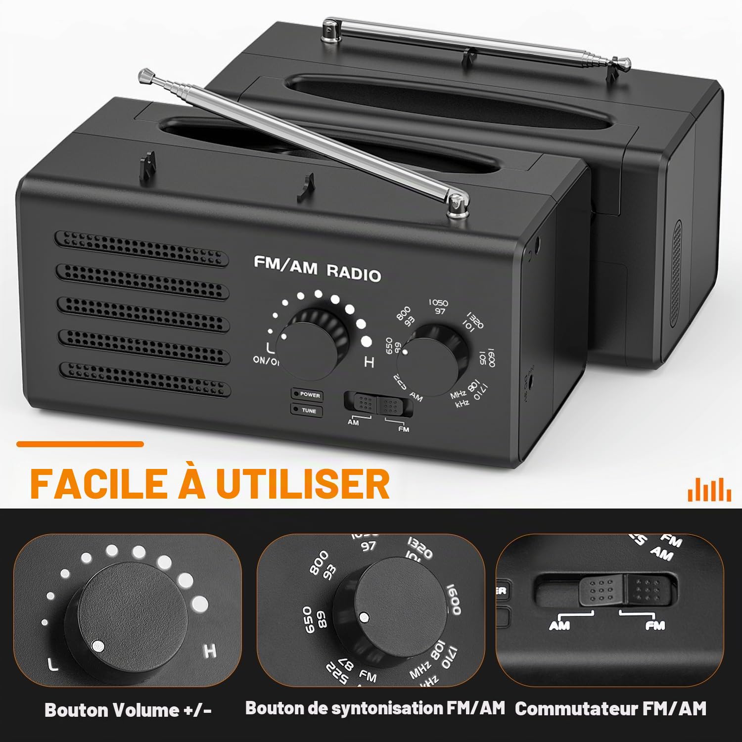 Radio Portable AM/FM avec Excellente Réception, Haut-Parleur Intégré, Prise Casque et USB. Alimentée par Piles, Idéale pour la Maison, L'extérieur et Les urgences.（Noir）
