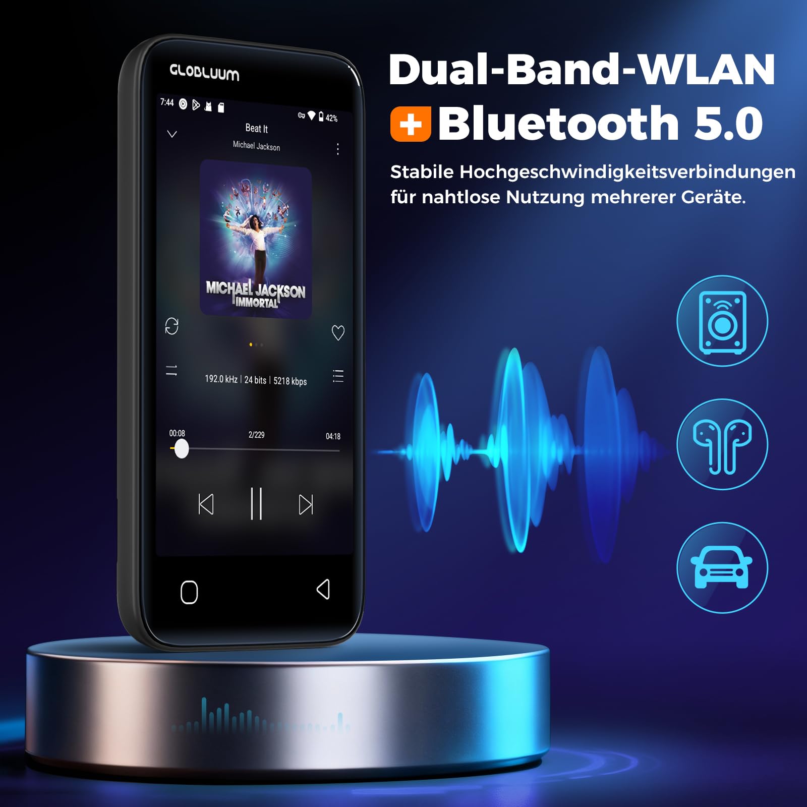 96GB MP3-Player mit Bluetooth 5.0 und WLAN, Musikplayer mit Spotify, Audible, Amazon Music, Spotify Kids, 4-Zoll-Touchscreen Android MP4-Player mit HiFi-Klang, UKW-Radio (Glänzend Schwarz)