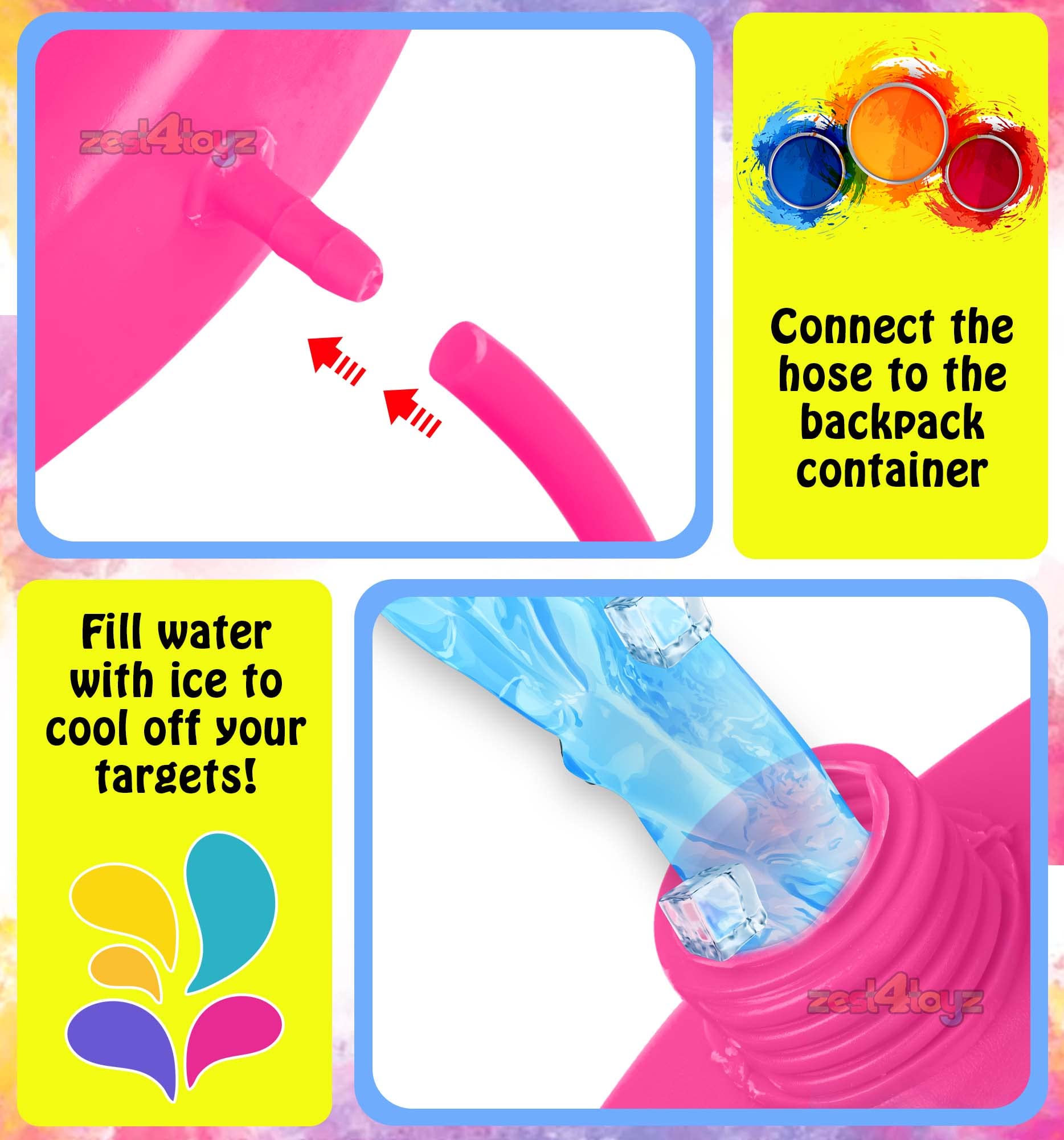 Zest 4 Toyz Holi Pichkari Water Gun for Kids Unicorn Themed Tank Spray with Holi Combo 1 Pkt Holi Color & 100 Balloon - Deluxe Tank (Pink) 2