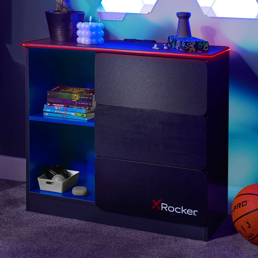 X Rocker Carbon-Tek 70cm Width, RGB LED Chest of Drawers - Neo Fibre Lighting, 3 Drawer, 2 Open Shelves, Durable Wooden Frame for Kids & Teens - Grey & Blue