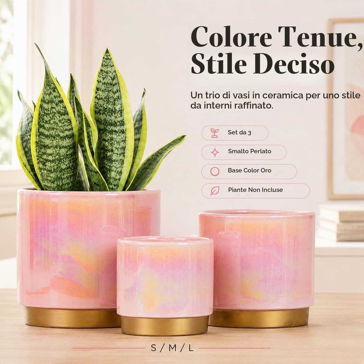 Gepege Vasi per piante da interno rosa per piante, fioriera in ceramica con foro di drenaggio, 15,2 cm + 12,7 cm + 10,2 cm. Vaso per fiori di orchidee succulente - Smalto arcobaleno perlato