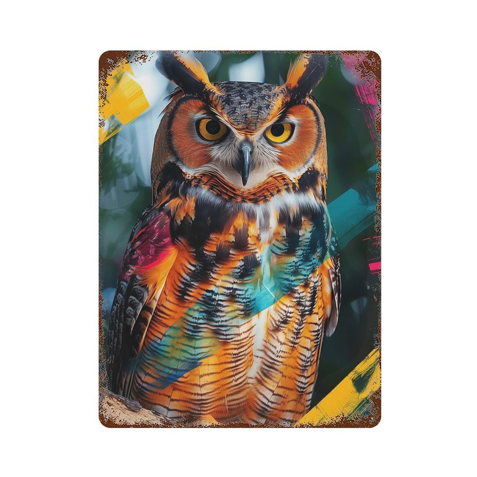Garage Style Colorful Owl with Abstract Strokes Rusty Metal Tin Sign 15.7"x11.8", Farmhouse Wall Decor for Bar And Workshop