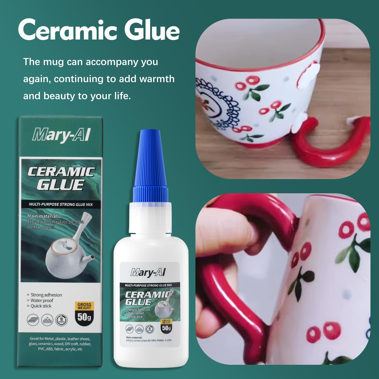 Klej błyskawiczny do ceramiki, bardzo mocny klej do porcelany, klej ceramiczny, bardzo mocny klej błyskawiczny, odporny na wysoką temperaturę, wodoodporny, silnie mocujący się do ceramiki