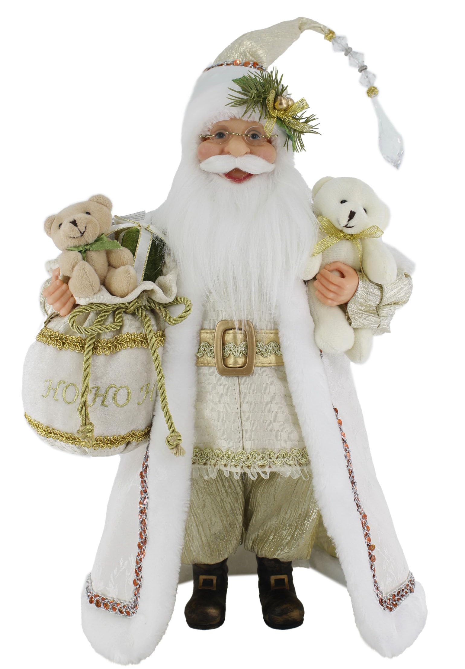 16" Inch Standing White & Gold Ho Ho Ho Santa Claus Christmas Figure Figurine Decoration 416010