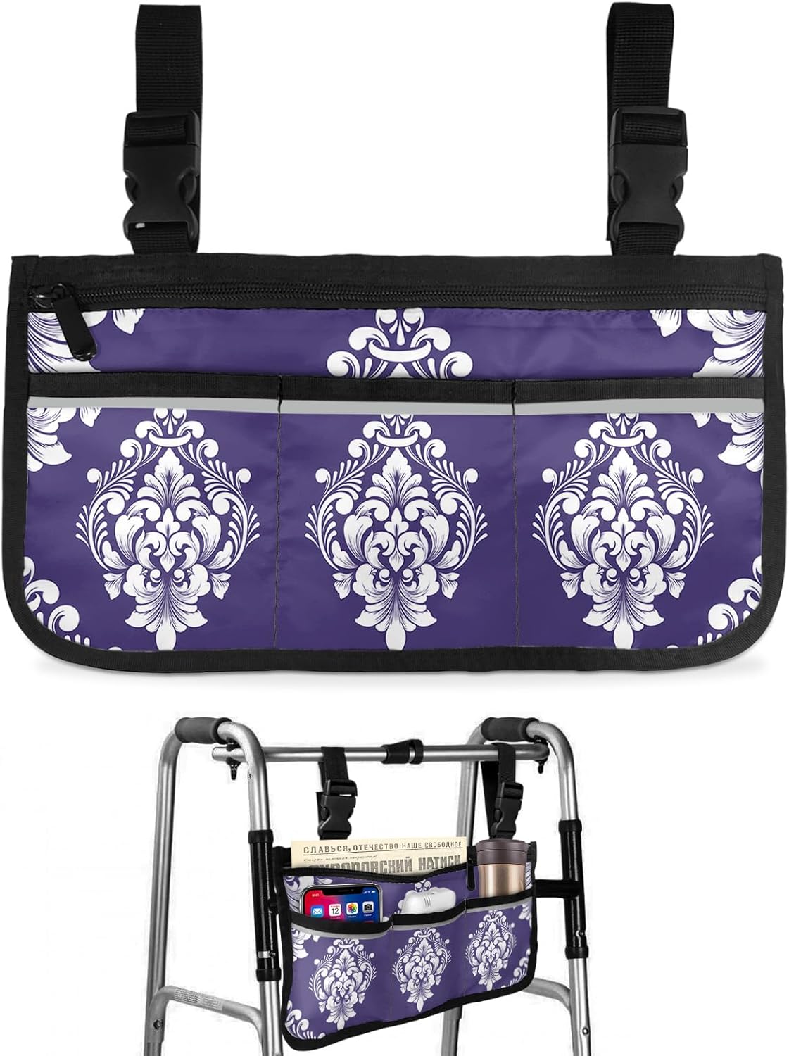 Purple Paisley Wheelchair Side Bag Walker Bag, Retro