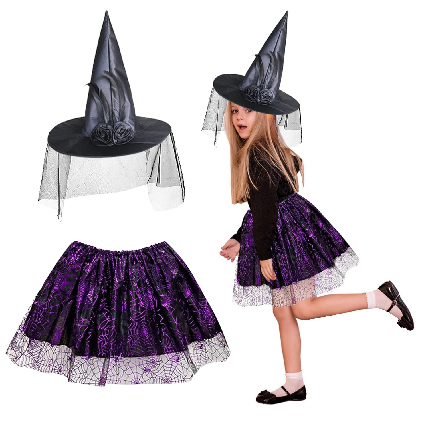 DONGSZQ Disfraz de Bruja para Niña, Sombrero de Bruja y Púrpura Telaraña Tutú, Disfraz de Bruja para Niños, Disfraz Halloween Bruja Niña para Halloween Carnaval Cosplay Fiesta(3-8 Años)