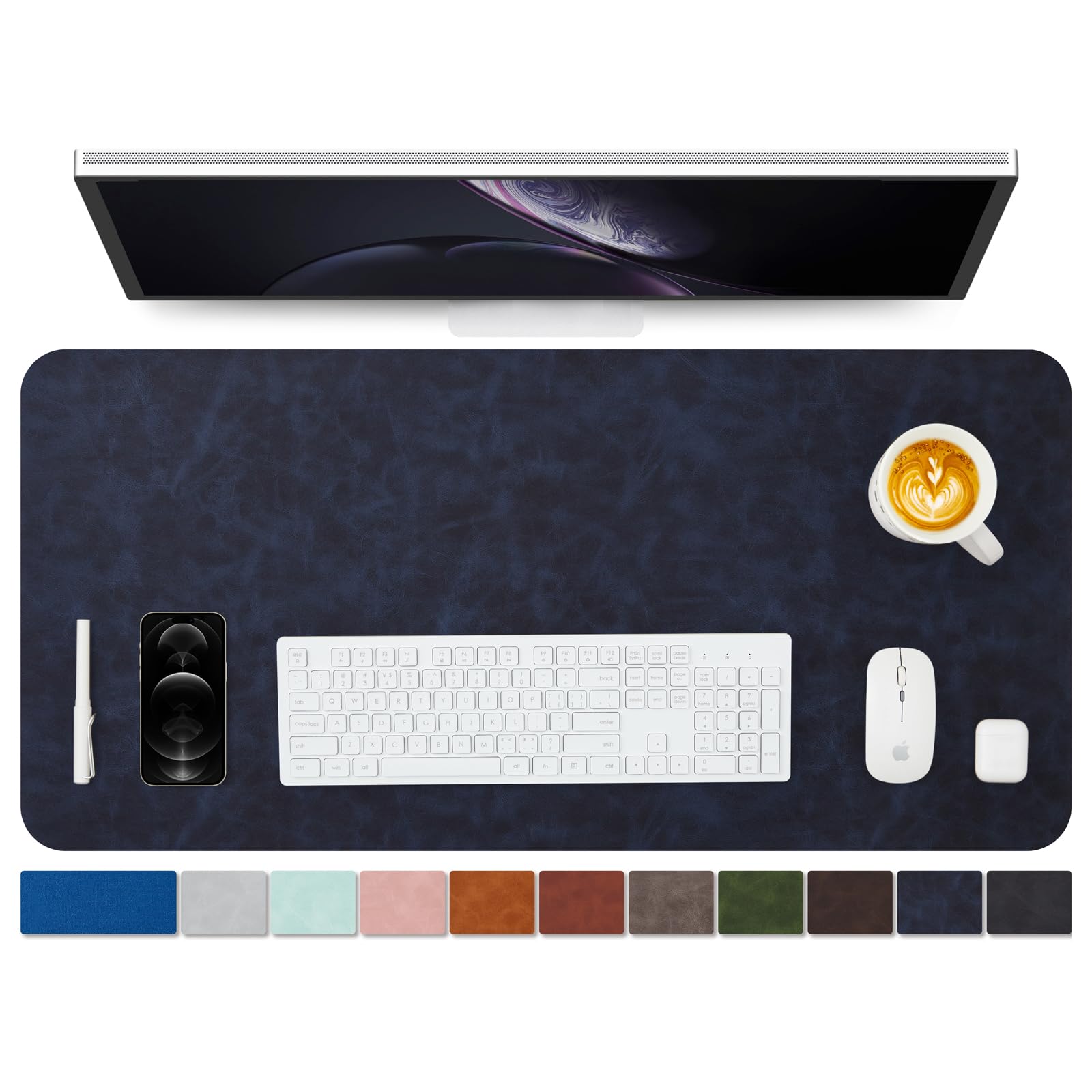 Distressed Leather Desk Mat - Non-Slip PU Desk Pad for Office and Home - Desk Organization and Accessories - Ideal for Large Mouse Pad and Desk Mats on Top of Desks(Navy Blue,90cmx 43cm)