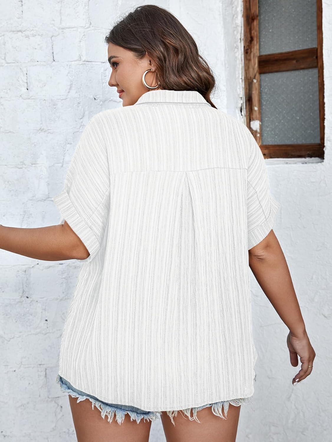 SCOMCHIC Women Plus Size Button Down Short Sleeve Shirts Collared Textured Summer Blouse Casual Tops with Pockets - Image 4