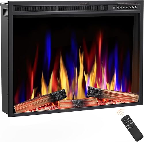 Joy Pebble Inserto de chimenea eléctrica de 37 pulgadas, calentador de chimenea eléctrico empotrado de 750 W1500 W, 5 colores de llama ajustable y 5