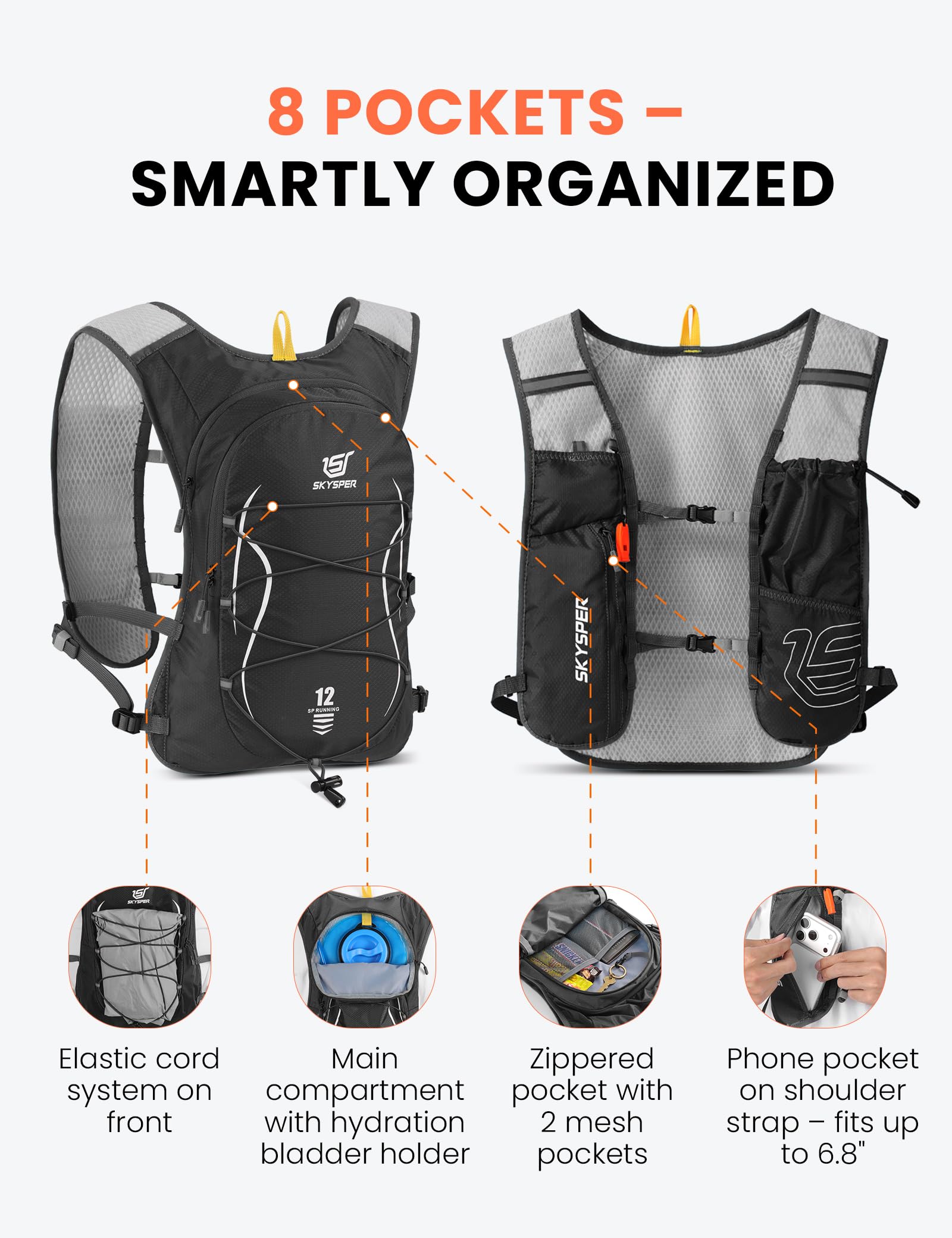 SKYSPER Gilet Trail Running 12L avec Gourde 500ml Sac Hydratation Veste Course Réfléchissante Respirante Poche Téléphone Homme Femme Marathon Jogging