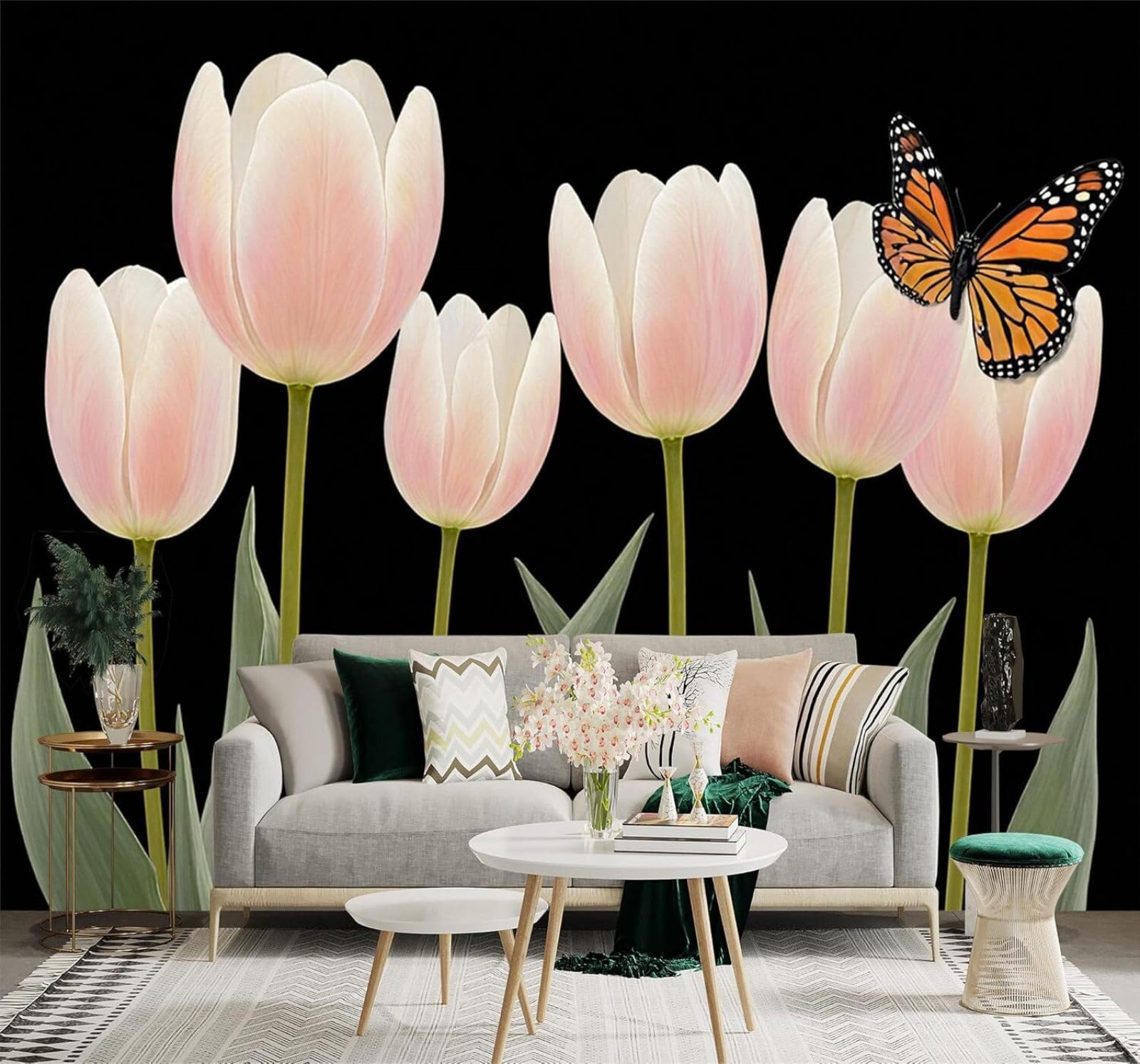 3D Papel Pintado Belleza Tulipanes Rosas Mariposas Hojas Verdes Negro
