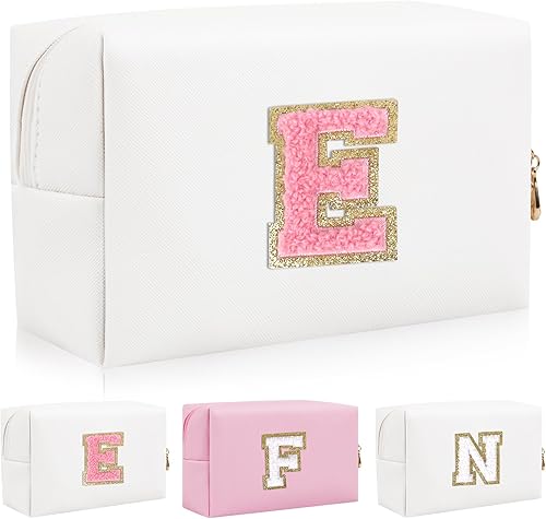 Bolsa de maquillaje personalizada con parche de letra inicial, bolsa de cosméticos con cremallera, Letra blancarosa, E