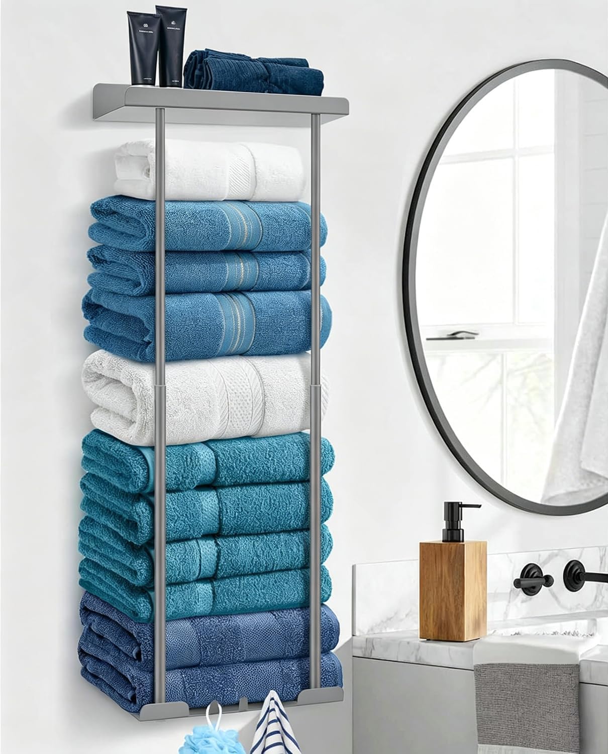 Towel Rack, Towel Storage Self Adhesive, Towel Holder Wall Mounted, Adjustable Bathroom Towel Storage, Towel Rack Wall Mounted, Gray Towel Rail Bathroom Towel Holder, No Drilling Bathroom Storage