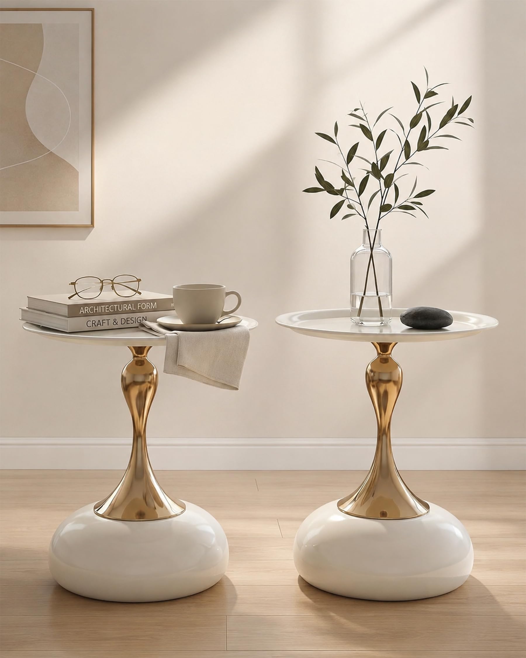Mesa Auxiliar Sofa Beige y Dorada para Salón, Mesita de Centro de Diseño en Metal, Set de 2 Mesita Auxiliar Pequeños para Sofá o Dormitorio, Side Table de Jardín Exterior, 40x53cm