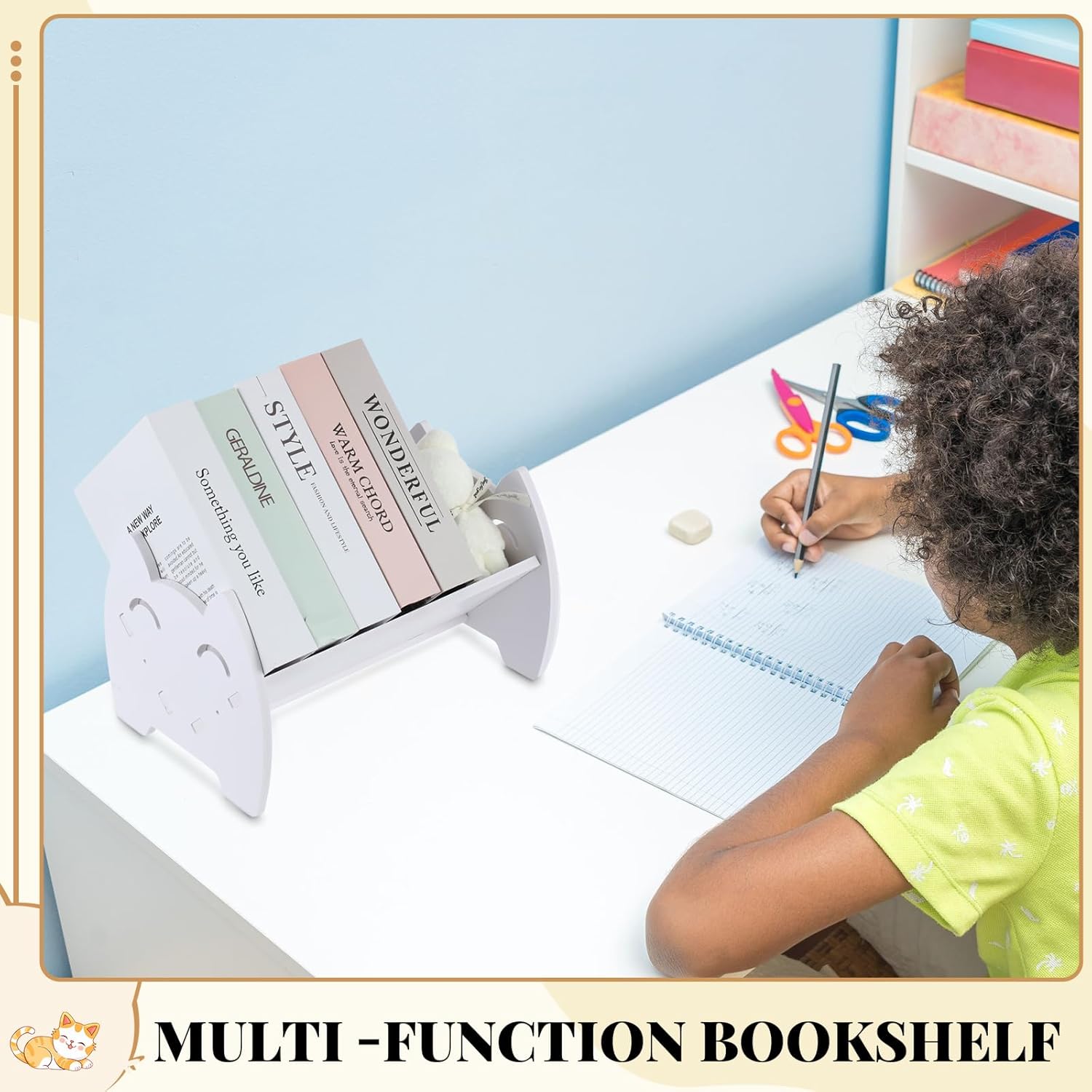 Wenqik 2 Pcs Small Desktop Bookshelf,Books Organizer for Kids,Tilted Bookcase,Table Top Mini Bookshelf Organizer Storage Rack for Books/CDs/Magazine Display,White