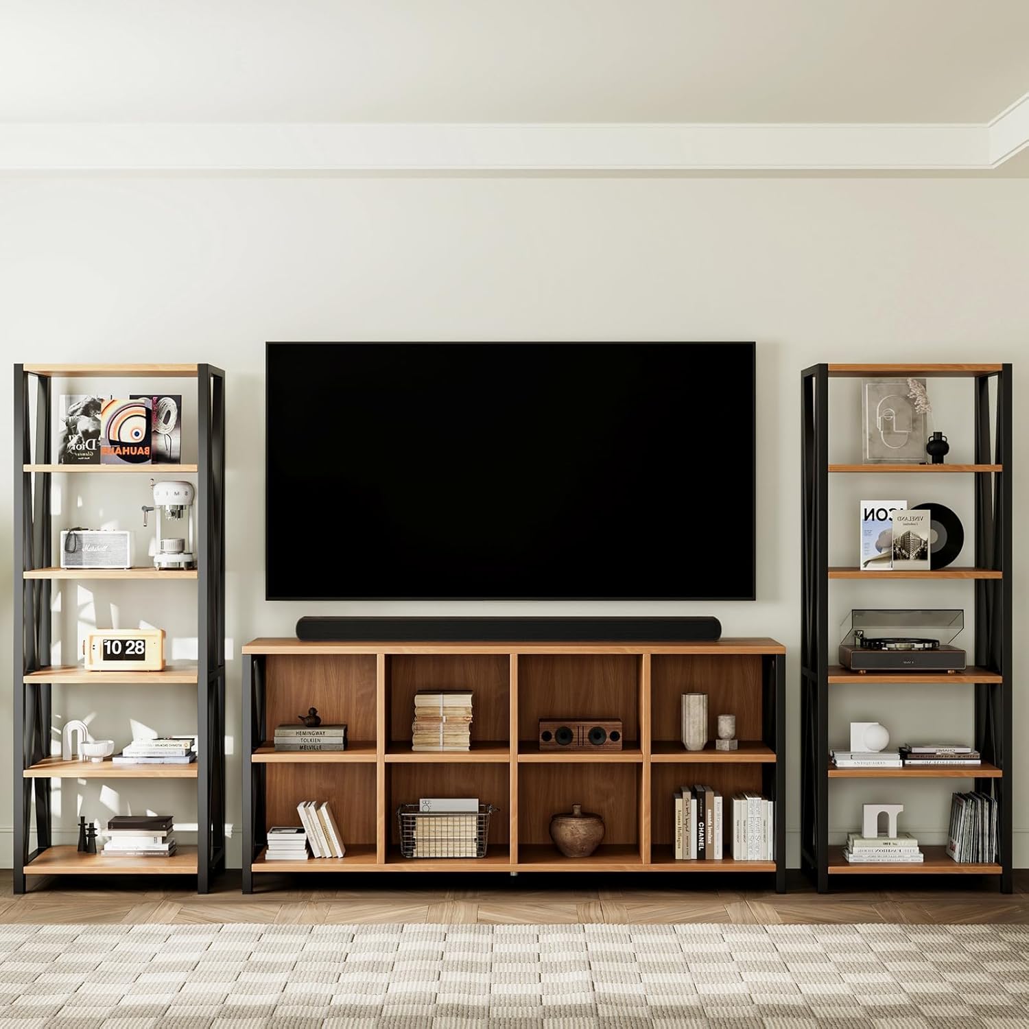 63" 8 Cube Horizontal Bookshelf Long Bookshelf Wood Cube Storage Organizer Rustic Wood Cubby Bookcase for Living Room Walnut