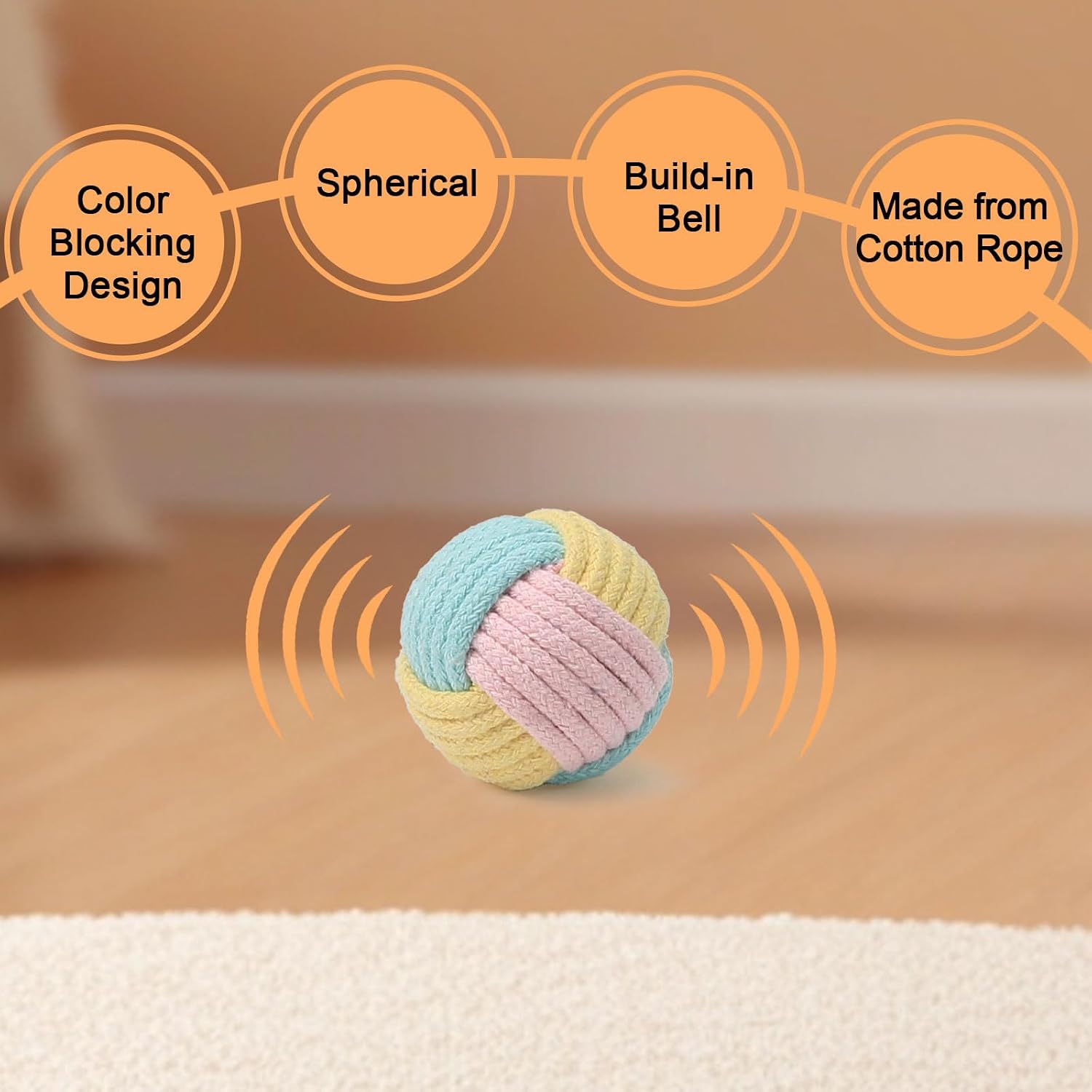 Cat Toys Balls with Bell Inside, 2-Inch Soft Interactive Chew Toys for Indoor Cats & Kittens, Colorful Rope Balls with Crinkle Sound for Chasing Play and Dental Health, 3 Pcs image 3