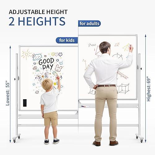 Miniatura 2 de Pizarra blanca móvil de doble cara de 40 x 28 pulgadas con ruedas, pizarra magnética de borrado en seco en el soporte, altura ajustable, marco