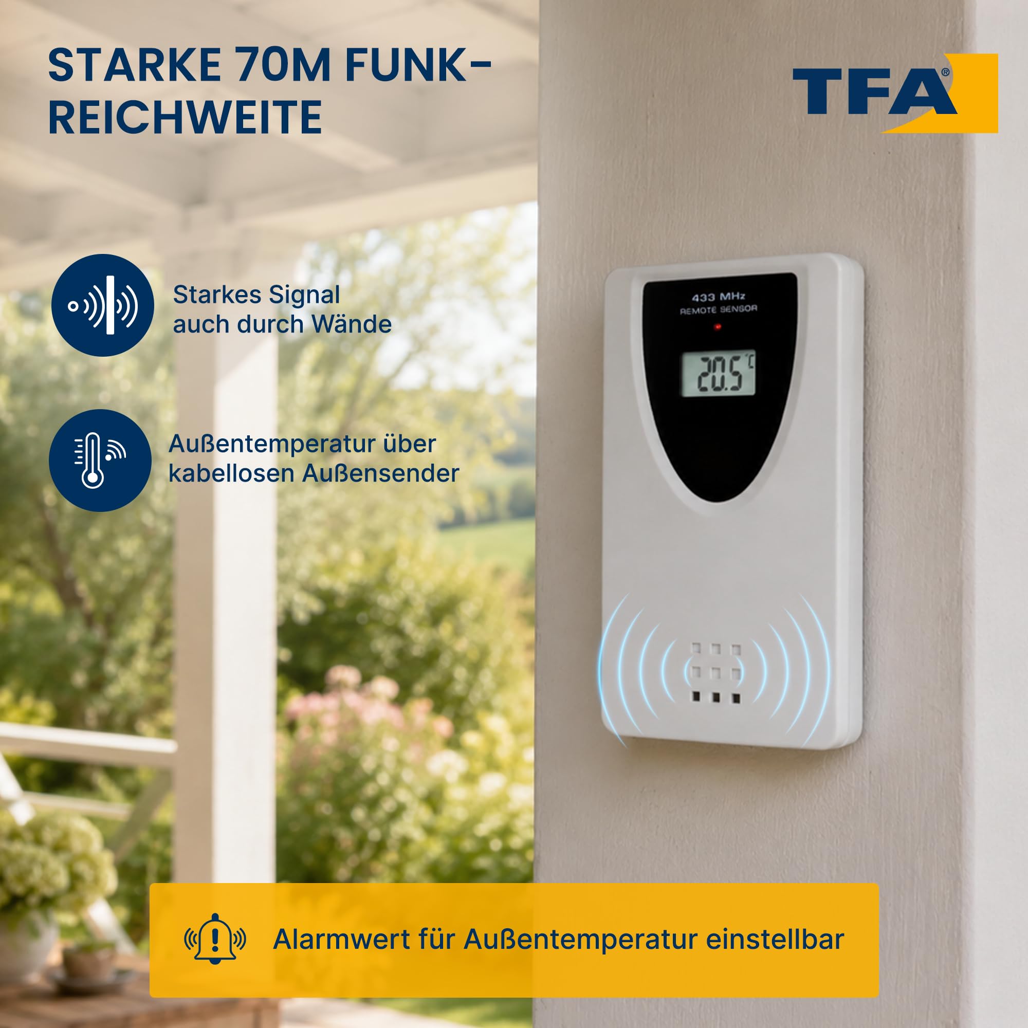 TFA Dostmann Digitale Wanduhr mit Holz Optik, 60.4518.08, inkl Funkuhr mit Außensender, Innen- und Aussentemperatur, gut ablesbar, mit Datum und Wochentag, für Wohnzimmer oder Küche geeignet, braun