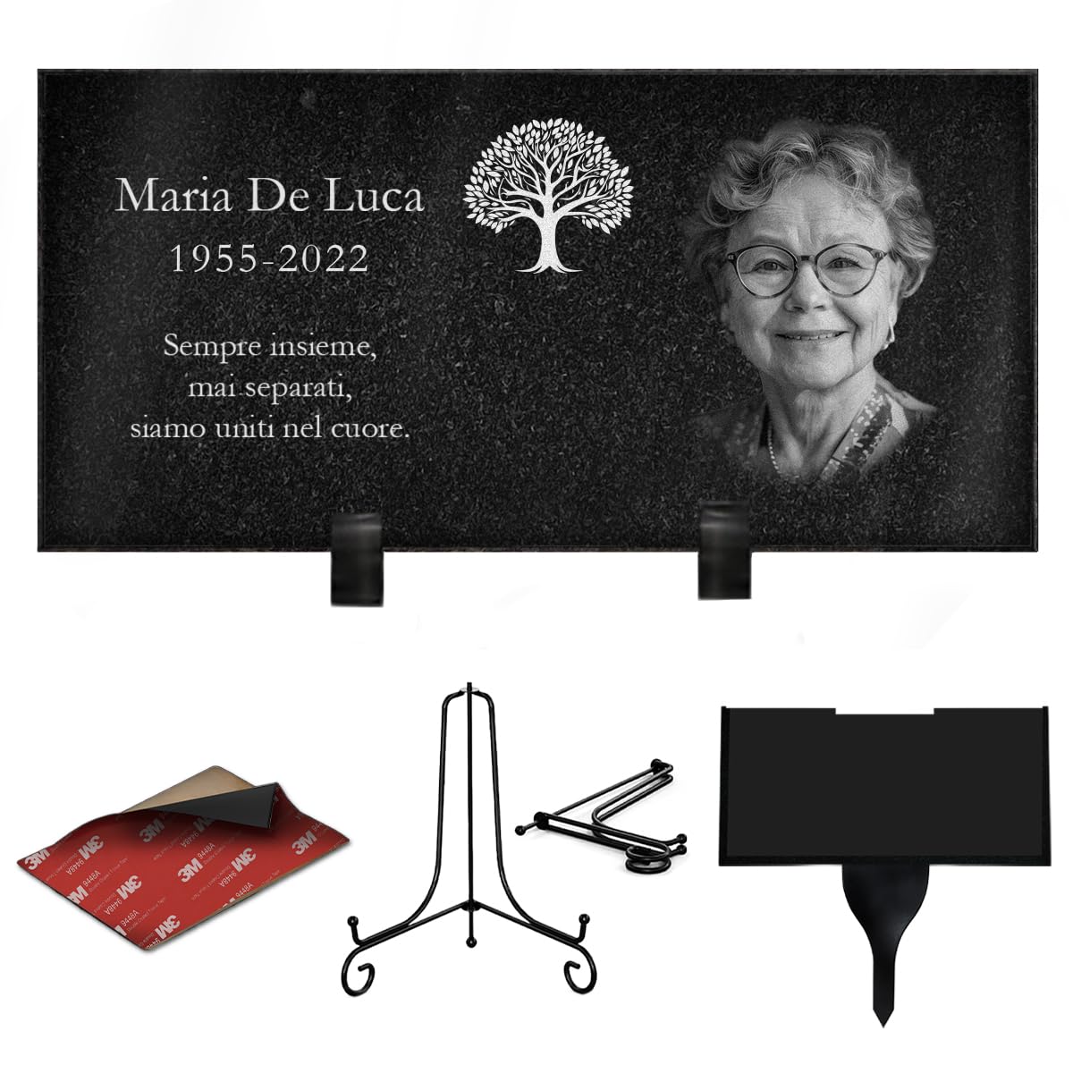 ETERNEL - Targa Funeraria Personalizzata Multisupporto Albero della Vita - da piantare, incollare o posare, Ardesia o Granito, Foto e testo a scelta Targa cimitero, mortuaria, sepoltura, defunto