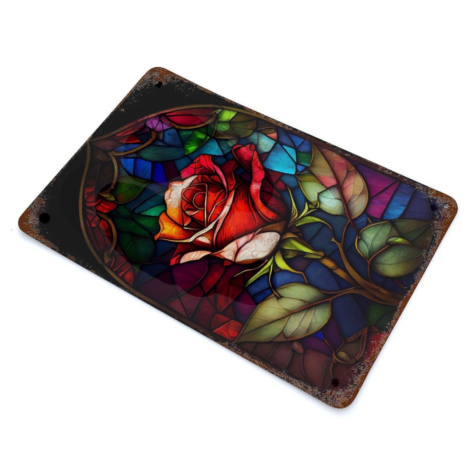 Rust Effect Stained Glass Rose Vintage Rust Metal Sign 11.8"x7.9", Vintage Wall Decor for Garage, Bar And Workshop Decor