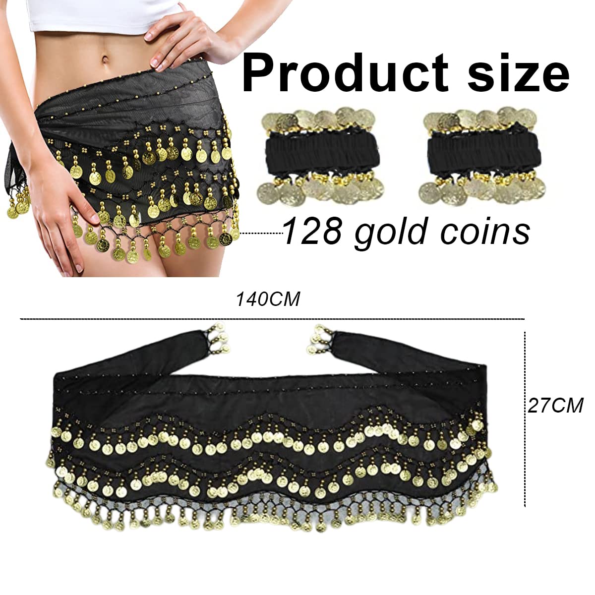 SamHeng Bufanda de danza del vientre con pulsera, 128 monedas cinturón envolvente de falda de danza del vientre con pulseras de tobillo, cadena de cintura de cinturón de falda de baile