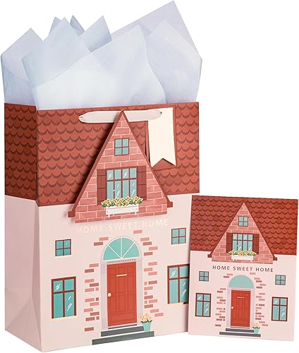 Loveinside Bolsa de regalo naranja con papel de seda, etiqueta de regalo y tarjeta de felicitación para inauguración de la casa, fiesta, baby shower