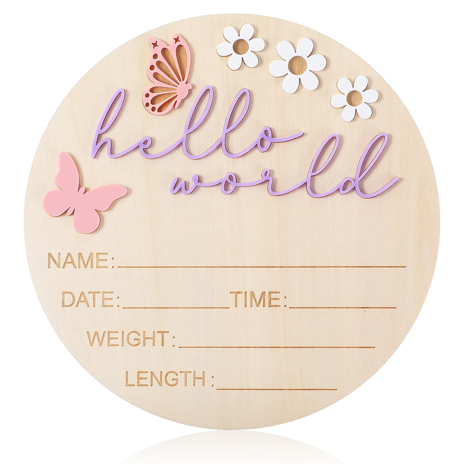 Hello World Newborn Sign, 5.9 Inch Wooden Baby Announcement Sign Pink Butterfly Style Birth Welcome Board for Newborn Boys Girls Photo Props Baby Shower Hospital Nursery (Purple)