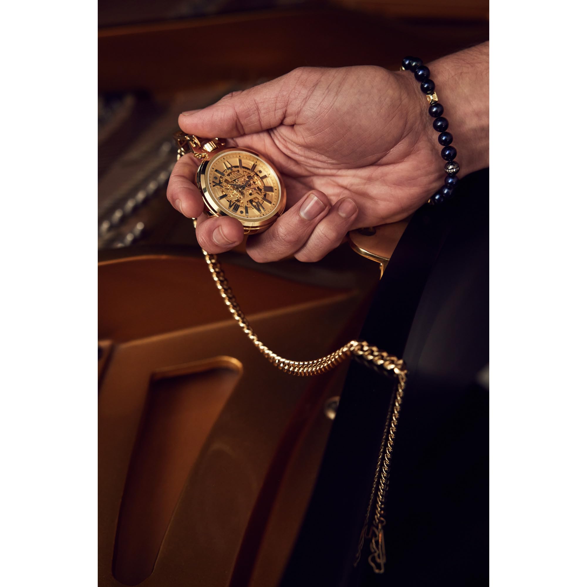 Bulova Classic Sutton Automatic Pocket Watch 3-Hand Date Stainless Steel, Full Skeleton, Gold Dial with Stainless Chain Style: 97A178