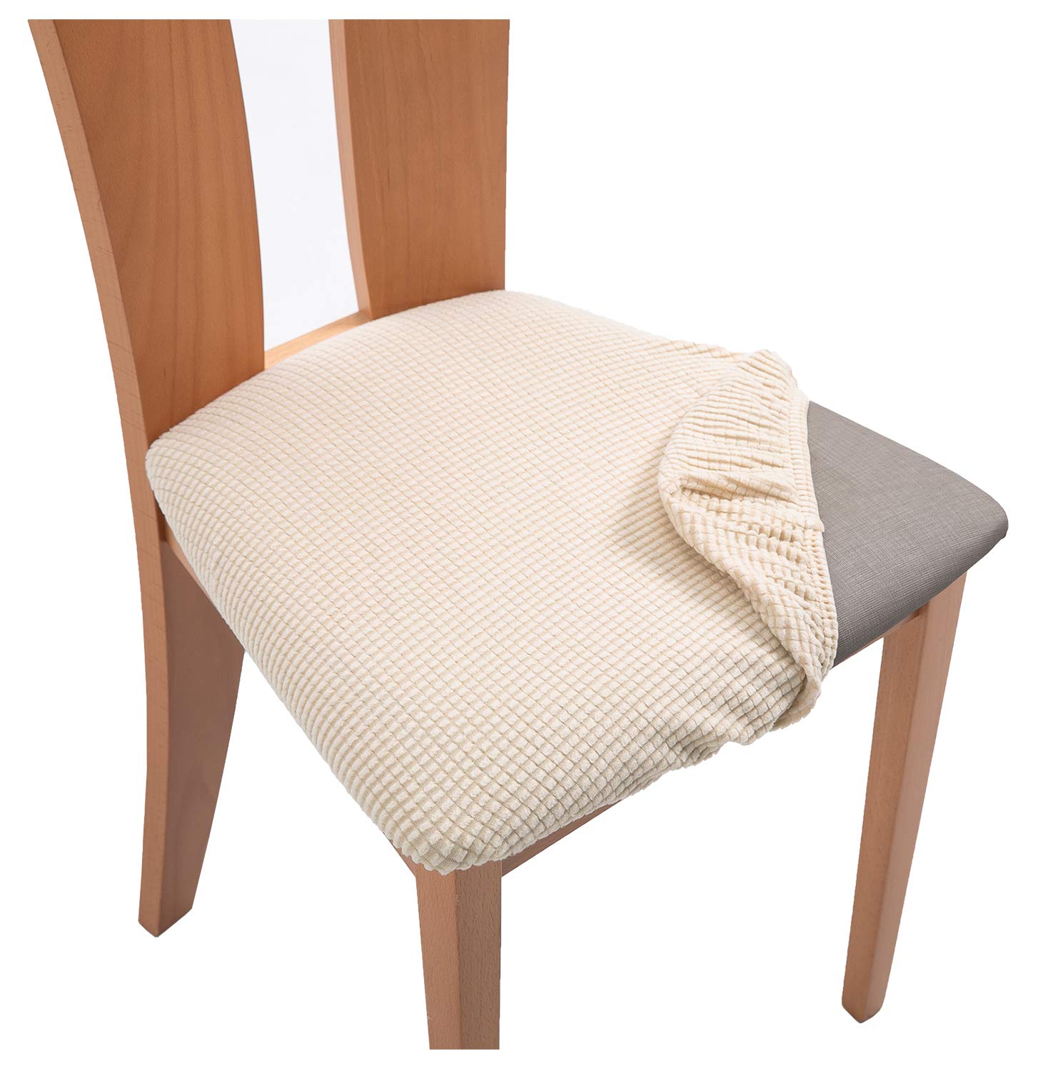 TIANSHU Fundas de Asiento de Silla Jacquard de Licra, ExtraíBles, Lavables, EláSticas, Fundas de CojíN para Sillas de Comedor (Paquete de 6,Beige)