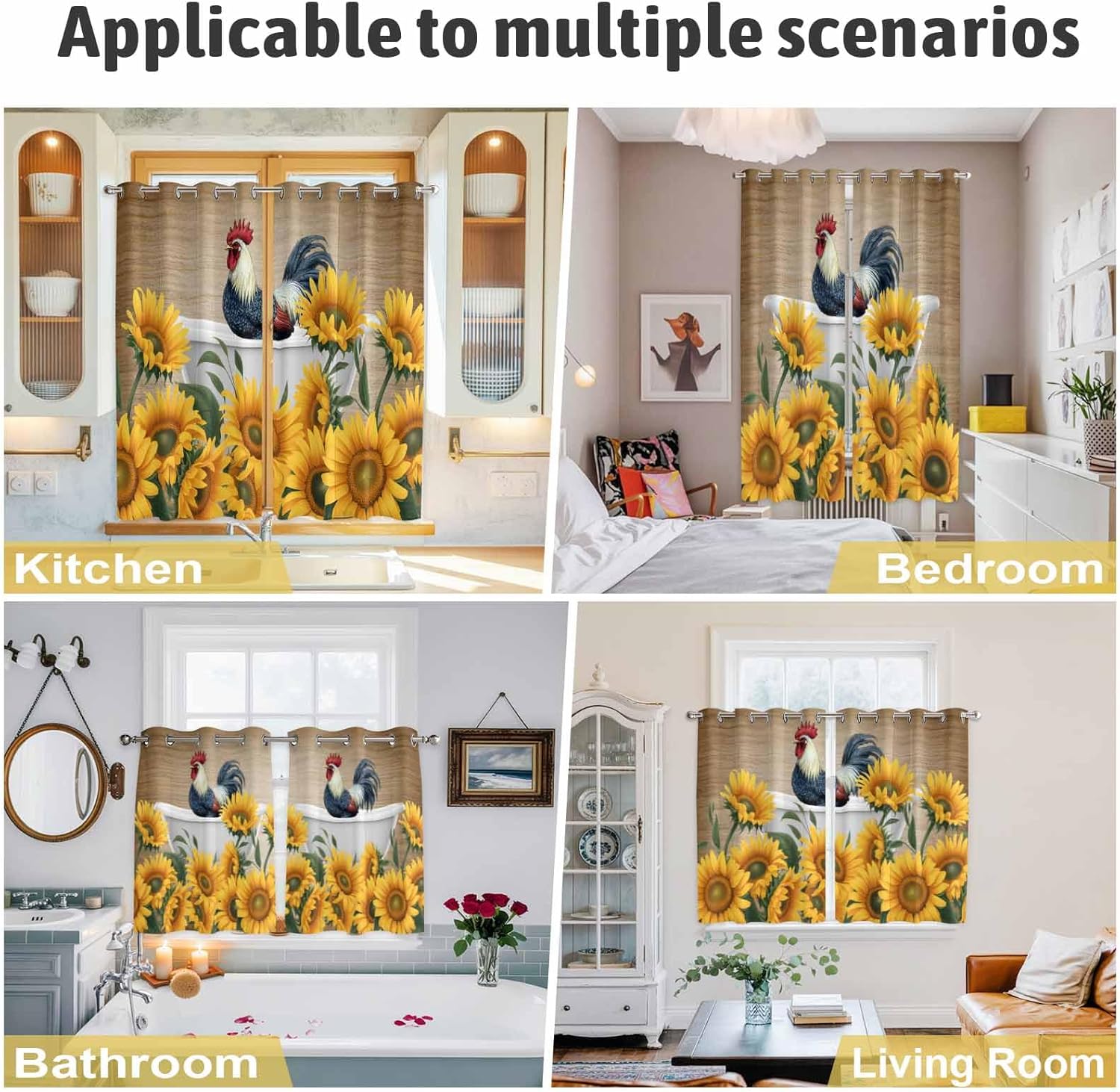 Vintage Farm Rooster and Sunflowers Kitchen Curtains Window Drapes Treatment, 2 Panels Sheer Curtains for Kitchen Cafe Office, 104W x 96L inch