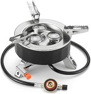 Hornillo de camping de gas, 6800 W, resistente al viento, estufa de gas portátil, estufa de gas para camping, con 3 cabezales de quemador, encendido piezoeléctrico, plegable, para senderismo, trekking