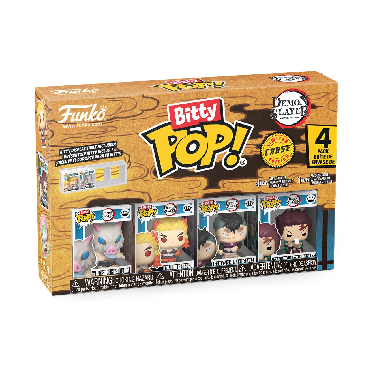 Funko Bitty POP! 4 Pack: Demon Slayer - Inosuke Hashibira, Kyojuro Rengoku, Genya Shinazugawa, Mystery Mini Figure - Styles may vary - 0.9 inch (2.2 cm) Collectable - Stackable Display Shelf Included