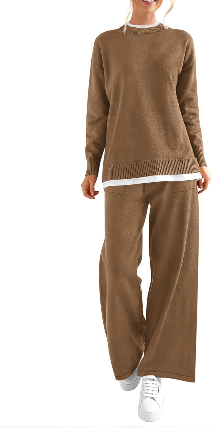 PRETTYGARDEN Women’s Winter Two Piece Matching Sweater Lounge Sets Knit Long Sleeve Pullover Tops Wide Leg Pants Tracksuits