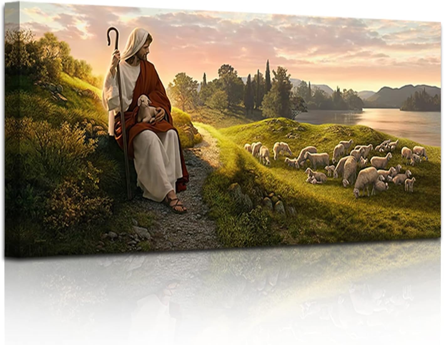 SEVOJO Jesus Christ Shepherd Canvas Wall Art - Modern Religious God Poster HD Print Painting Picture Artwork for Bedroom Living Room Decor With Frame (12"x24", YS-A)