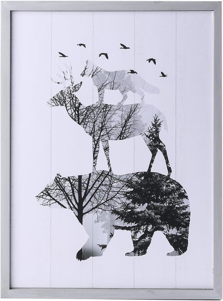NIKKY HOME Wildlife Wall Decor Wooden Painting Bear Deer Wolf Framed Poster Mounted Minimalist Decorative Hanging Artwork Picture for Cabin Home Living Room Bedroom Decor,11.89" x 0.91" x 15.83"