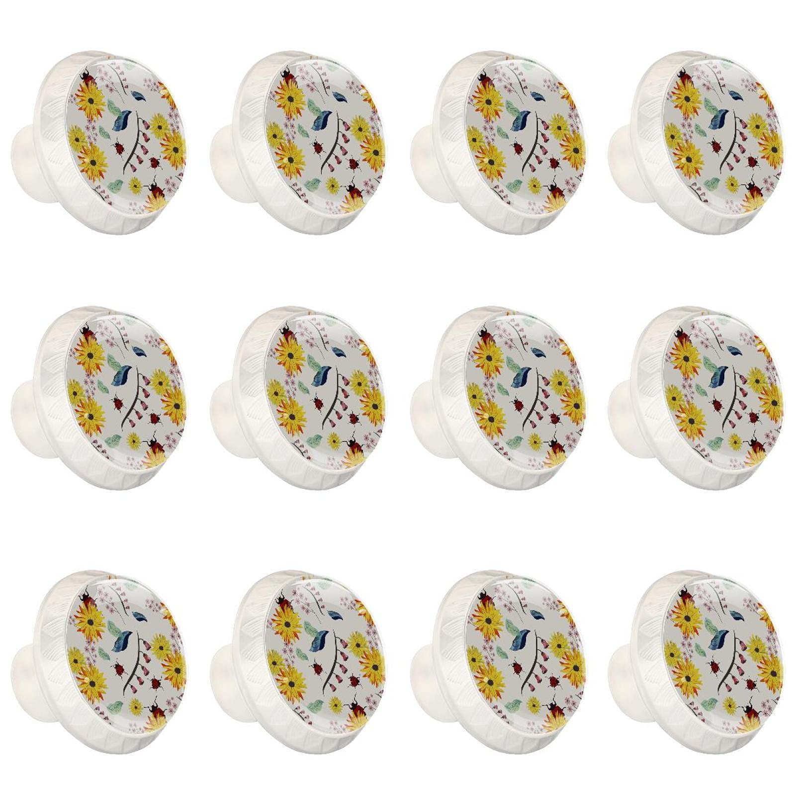 Boutons de cuisine ronds motif fleurs jaunes et coccinelle pour placard et tiroir