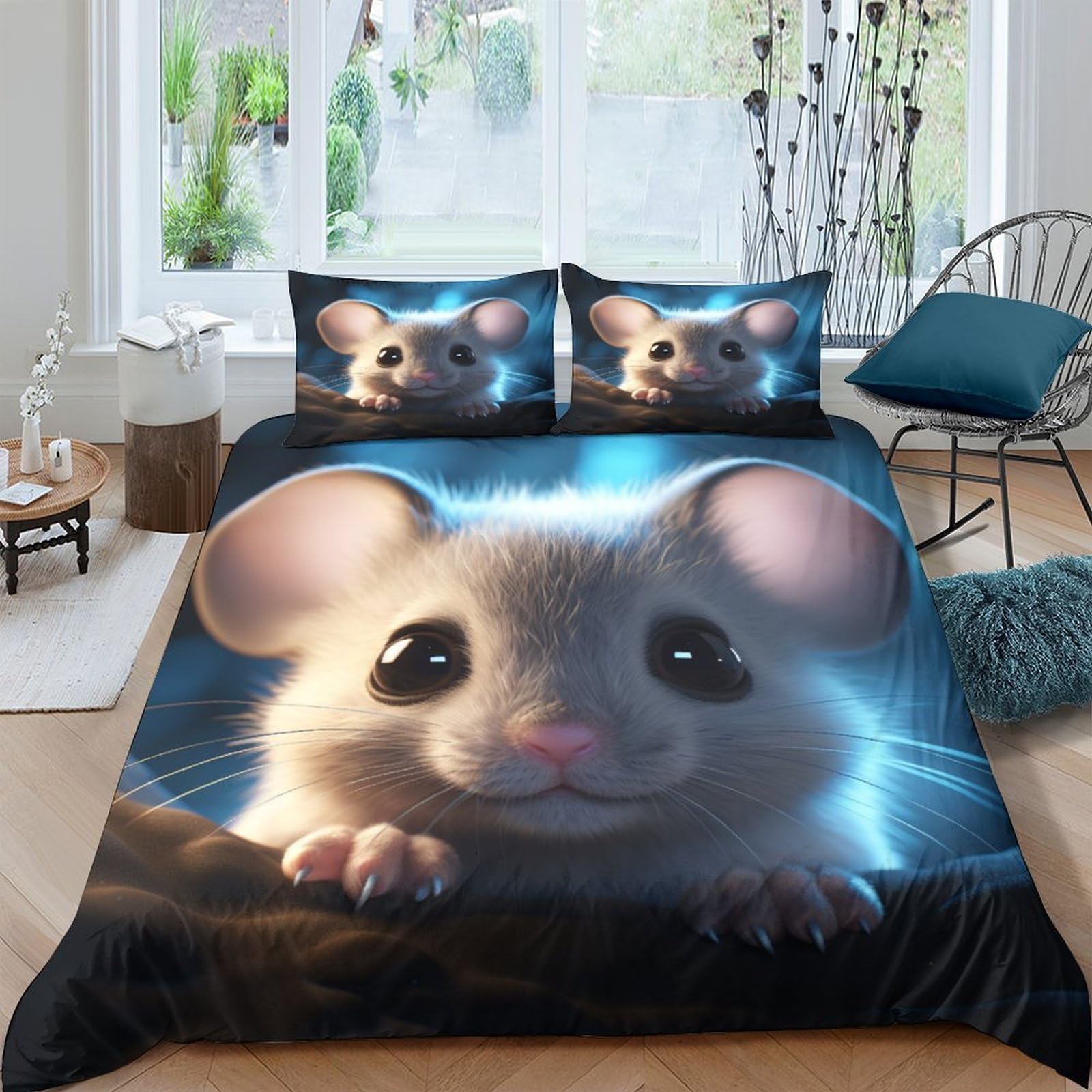 Housse de couette souris 3D hypoallergénique et thermorégulatrice pour lit double