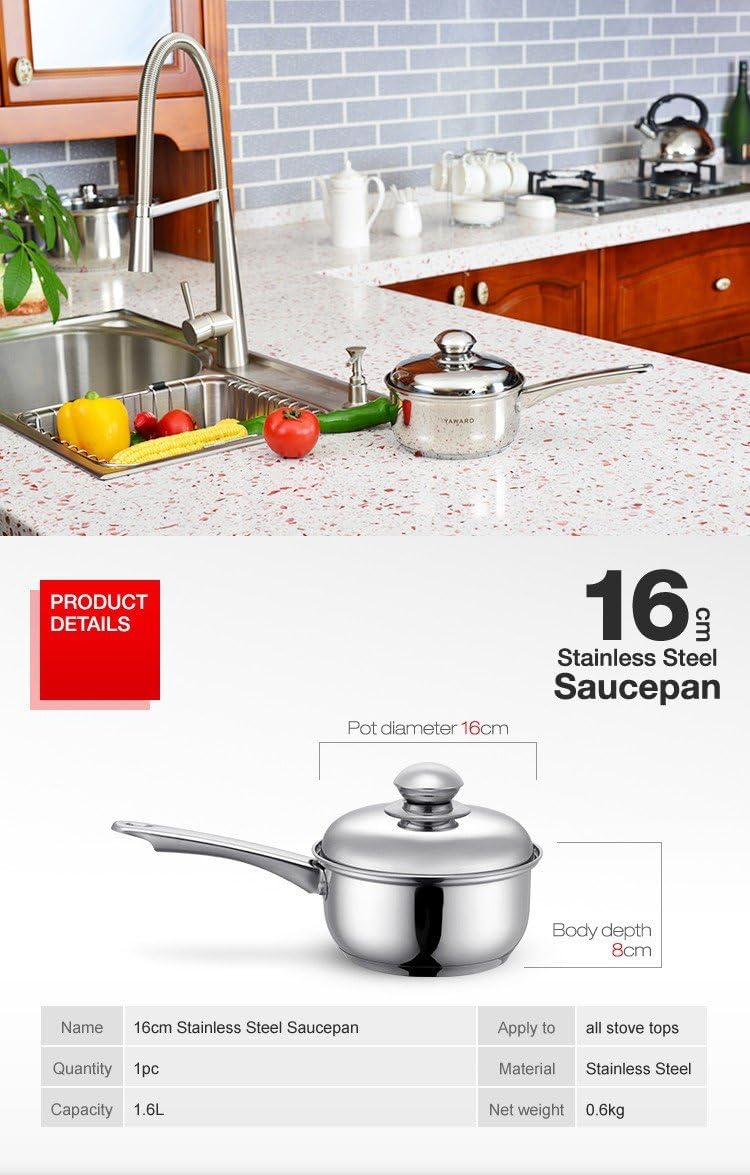 Free Shipping 1.4qt 16cm Europe Stainless Steel Saucepan Long Handle Milk Pot with Stainless Steel Lib Soup Pots