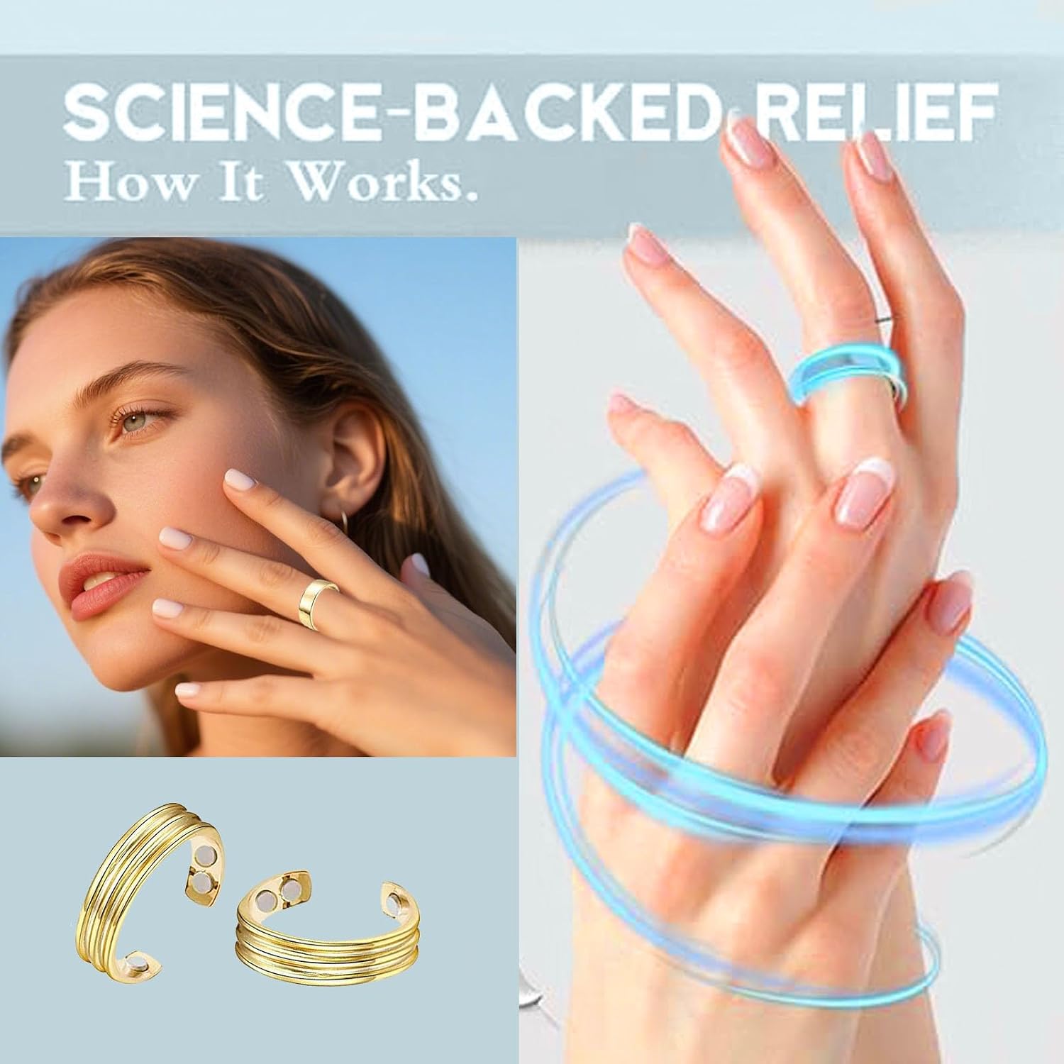 Auvulis Migraine Ring，Stainless Steel Adjustable Rings Lymphatic Vitality Magneti Rings for Women Men Anti Snoring Ring Migraine Relief Jewelry