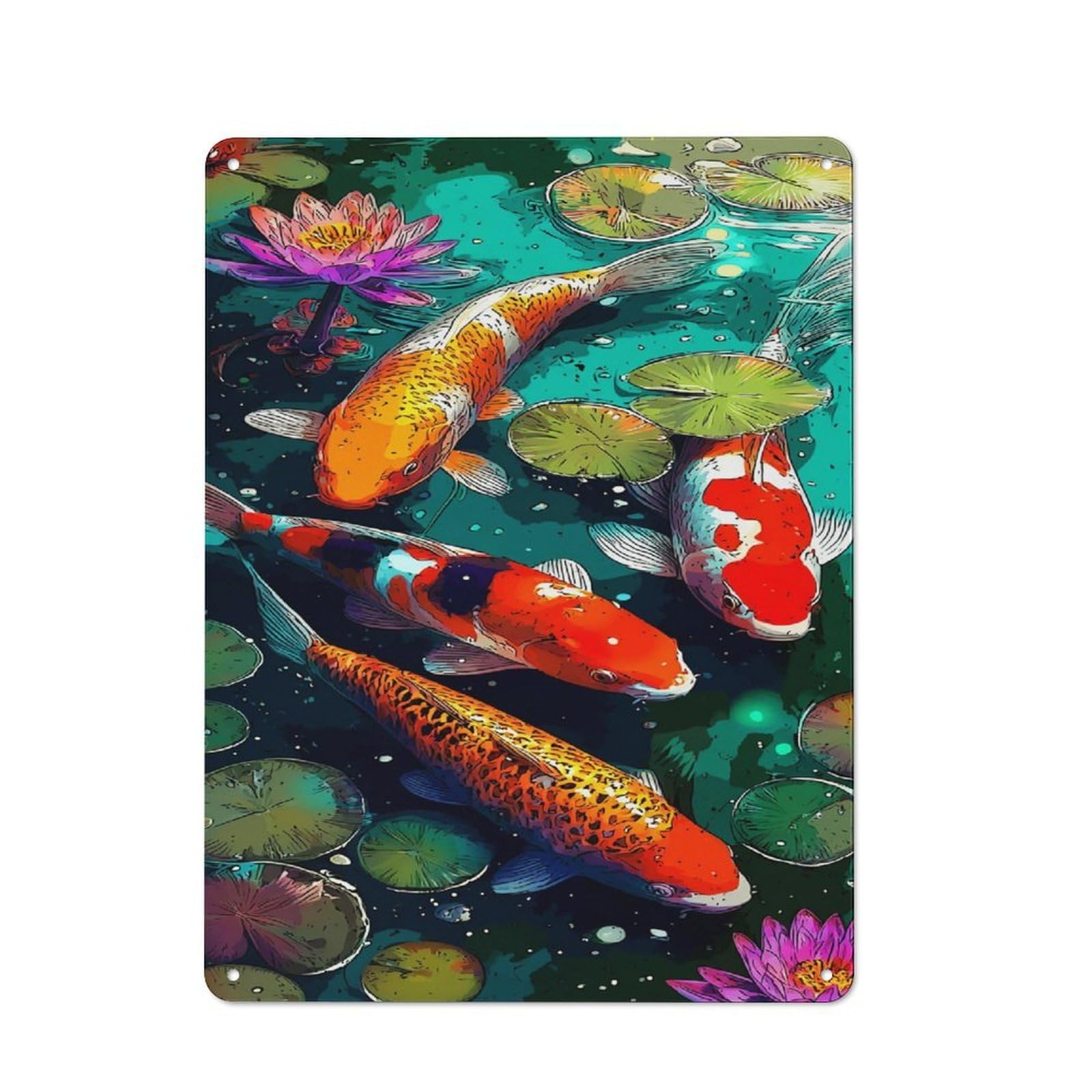 Junmoney Colorful Koi Fish Pond Scene Retro Metal Wall Sign 40X30cm For Hobby Room Or Studio, For Garage, Workshop And Man Cave Decoration