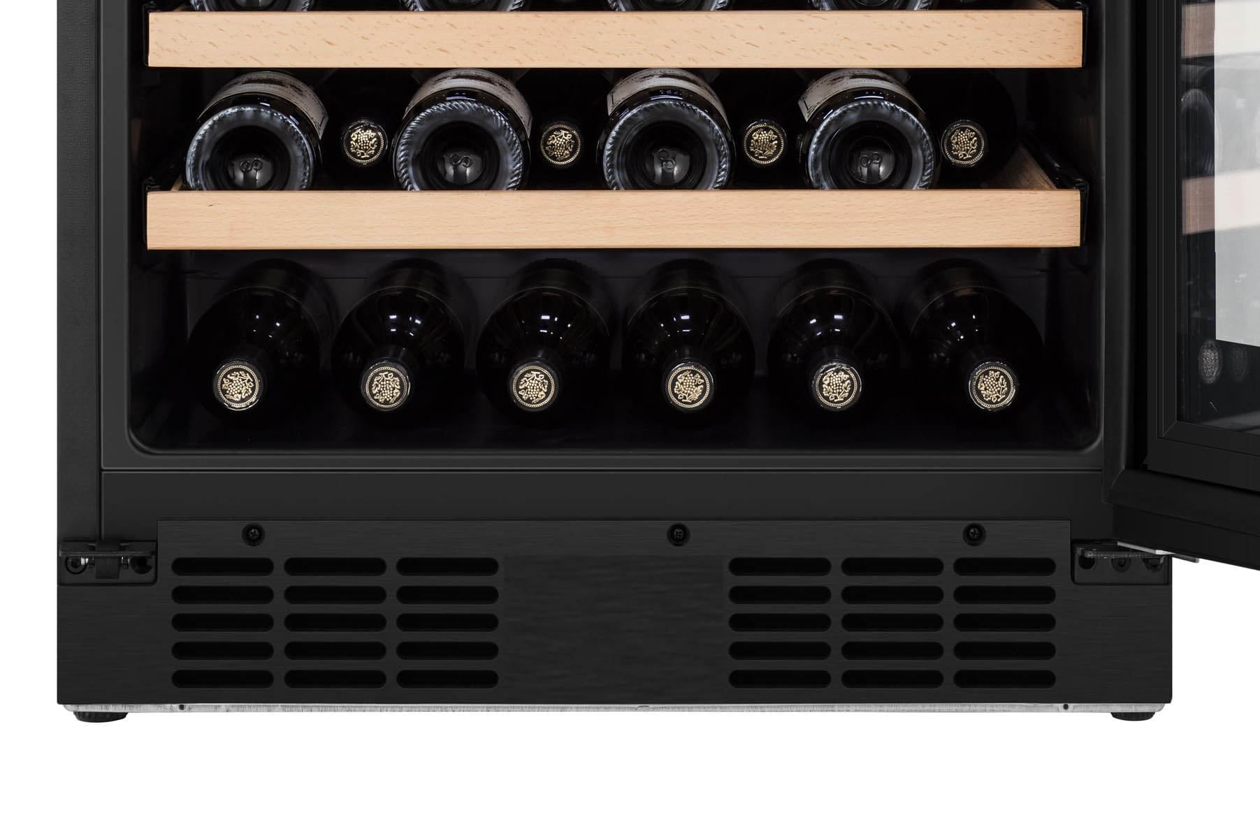 Hisense RW3N122GSLF Weintemperierschrank/Freistehend/EEK F/46 Flaschen Kapazität/WIFI/Anti UV-Glasfront/DualZone/Multi Air Flow/Buchholzablagen/Soft Close Einlegeböden/HxBxT: 81,9x59,5x57,5cm/Schwarz