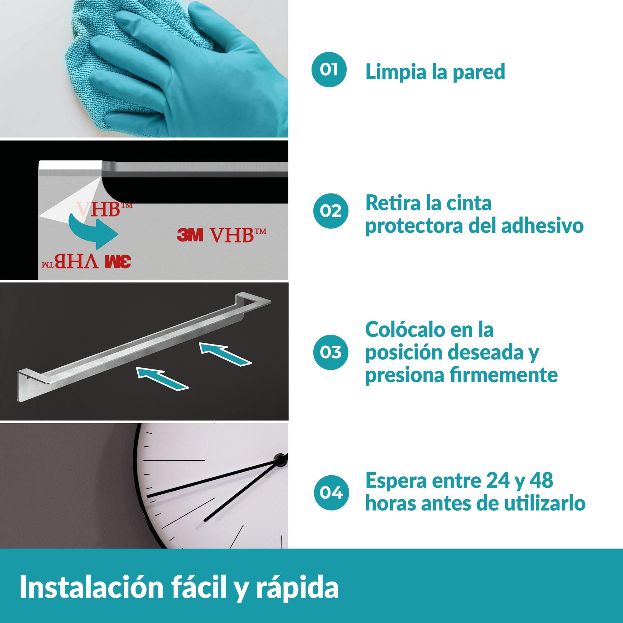WEISSENSTEIN Toallero de Barra Adhesivo 60 cm - Acero Inoxidable - Portatoallas Pared sin Taladro