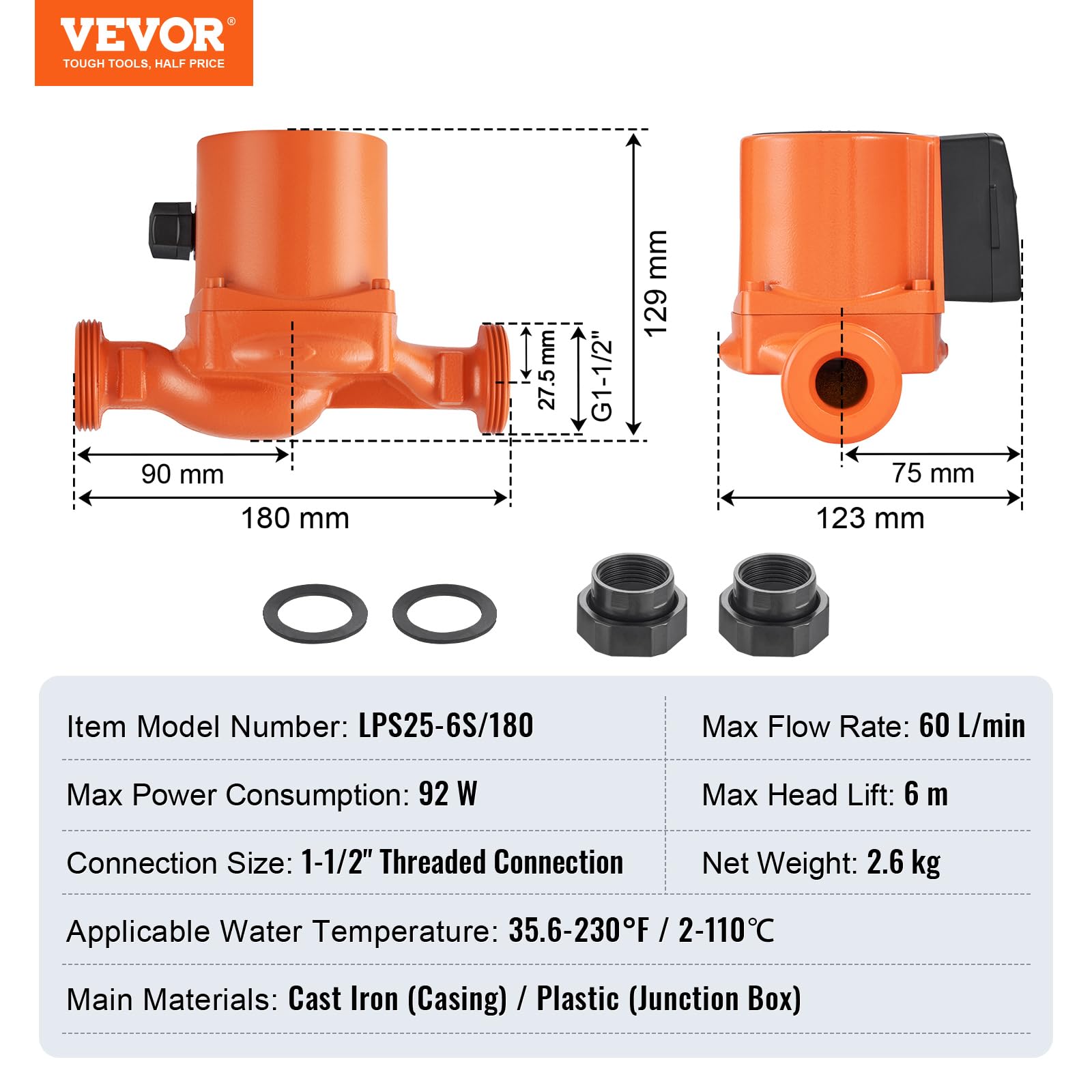 VEVOR LPS25-6S-180 Pompe de Circulation d'eau Chaude, Orange