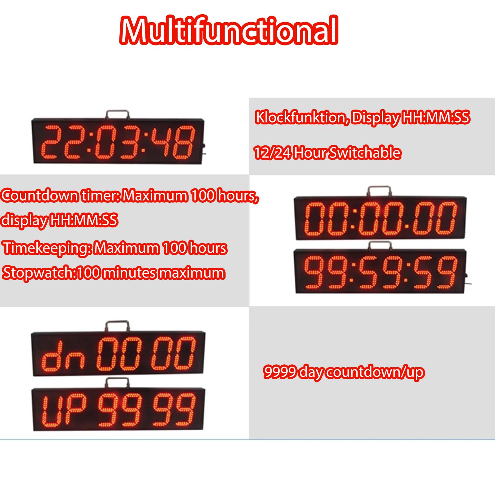 Reloj de cuenta regresiva LED de 6 dígitos, números digitales de 6 pulgadas para exteriores, impermeable, 3 niveles de brillo ajustables, 12/24 horas conmutables para deportes, escuelas, gimnasio