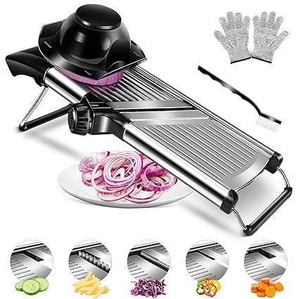 Adjustable Mandoline Food Slicer with Black Cleaning Brush Stainless Steel Slicer Vegetable Potato Onion Food Slicer for Kitchen